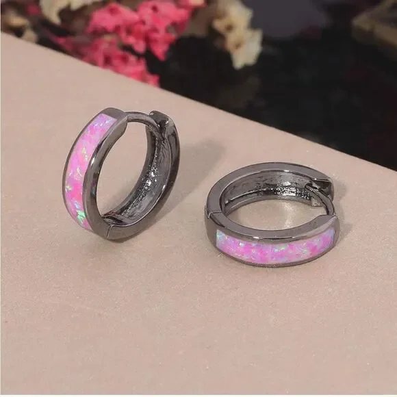 14K Black Gold with Genuine Purple Fire Opal Huggie Hoop Snap Hinge Earrings